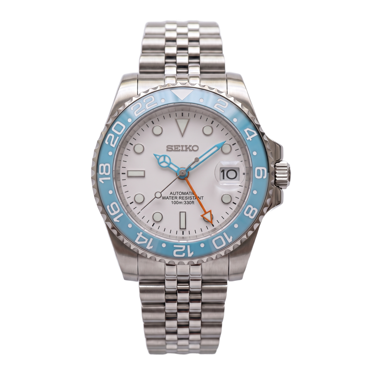 Summer Seiko mod GMT front view on Jubilee