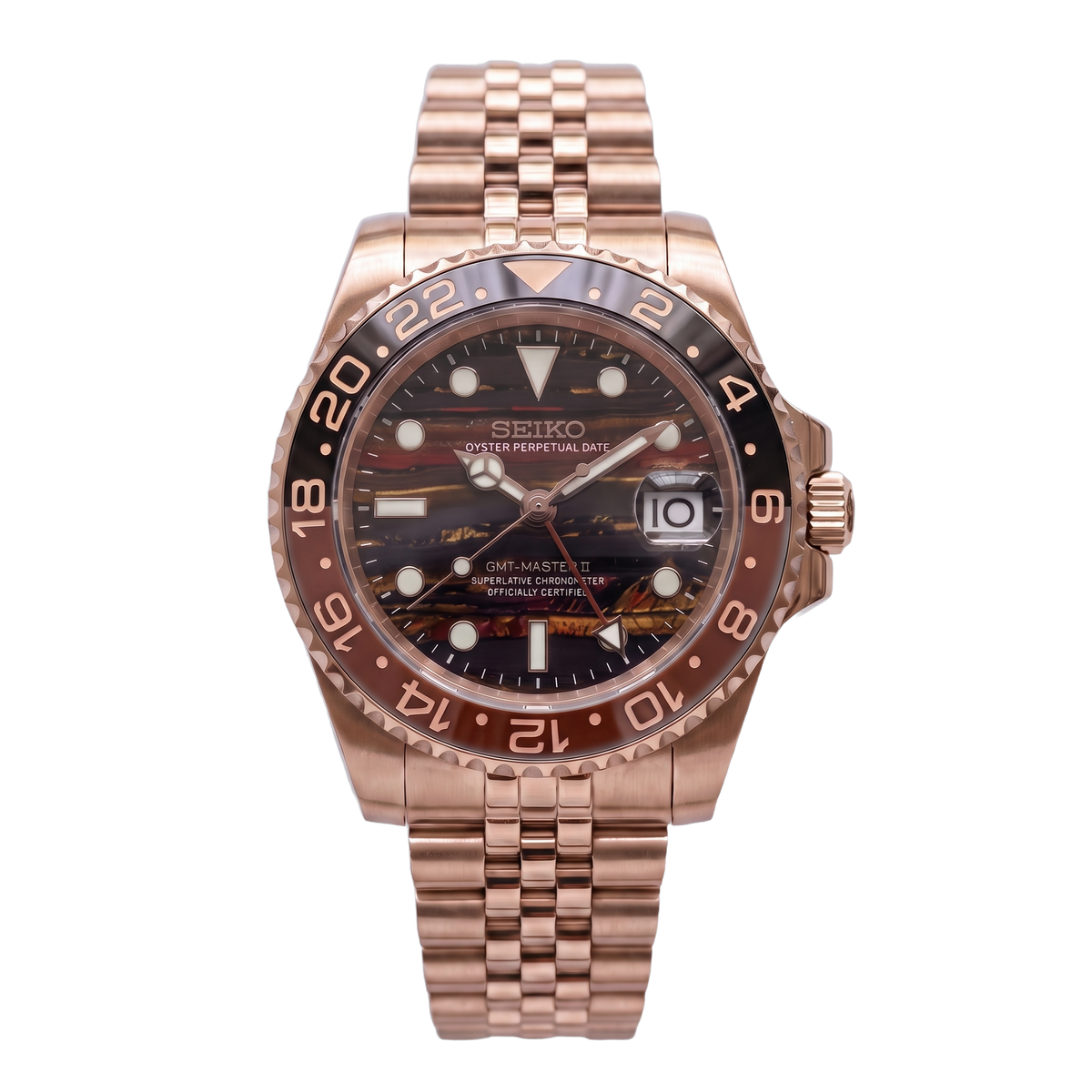 Tiger Iron Root Beer Seiko mod GMT front view on Jubilee