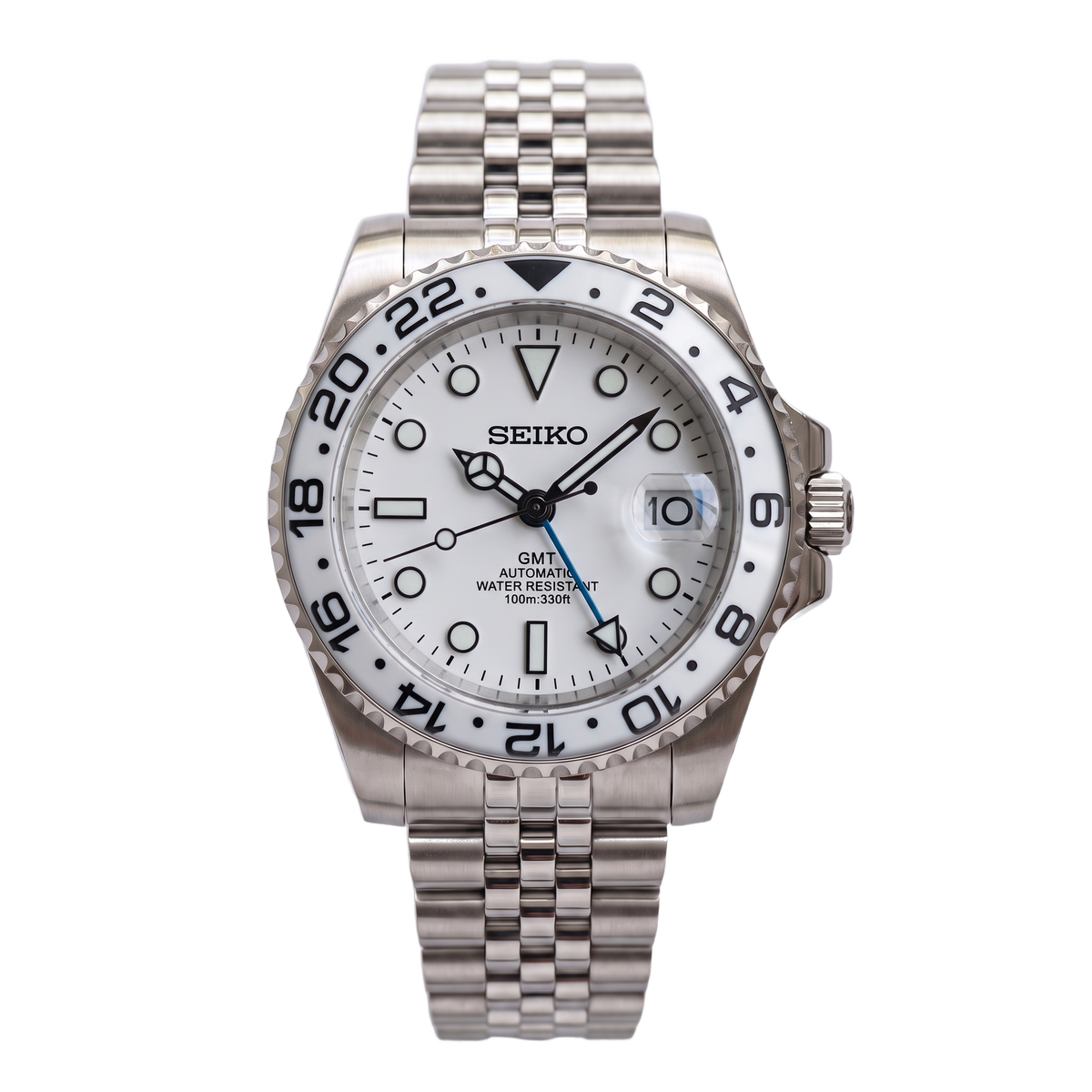 White Seiko mod GMT front view on Jubilee