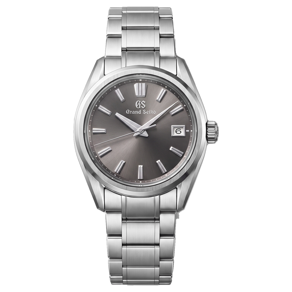 Grey Sunburst Seiko mod Grand Seiko style front view on stainless steel