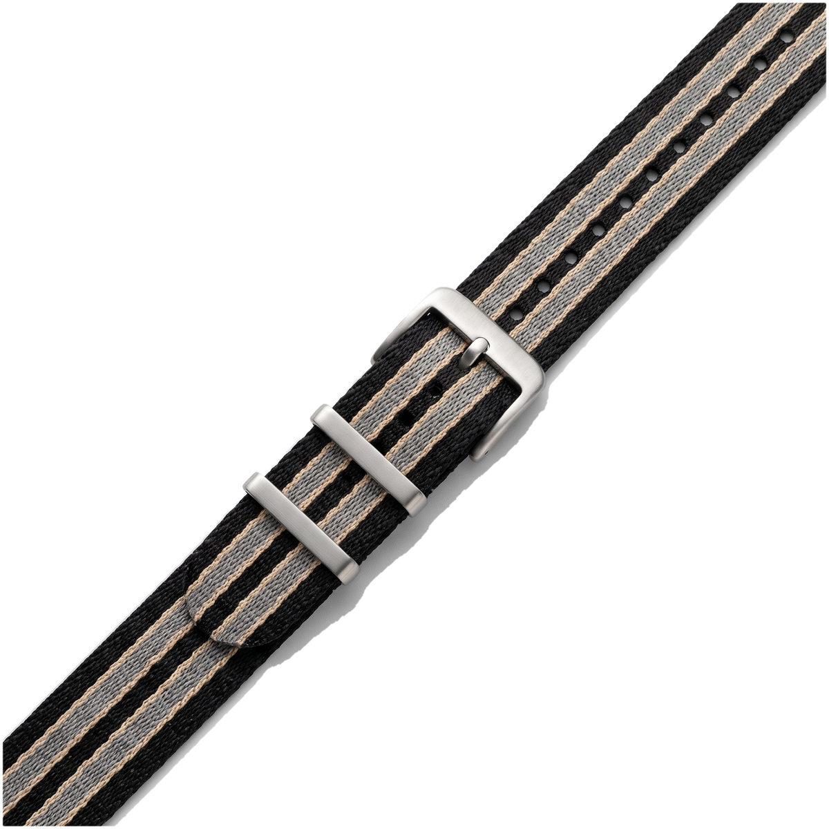 James Bond 007 Strap, striped black grey and beige fabric strap with a steel buckle