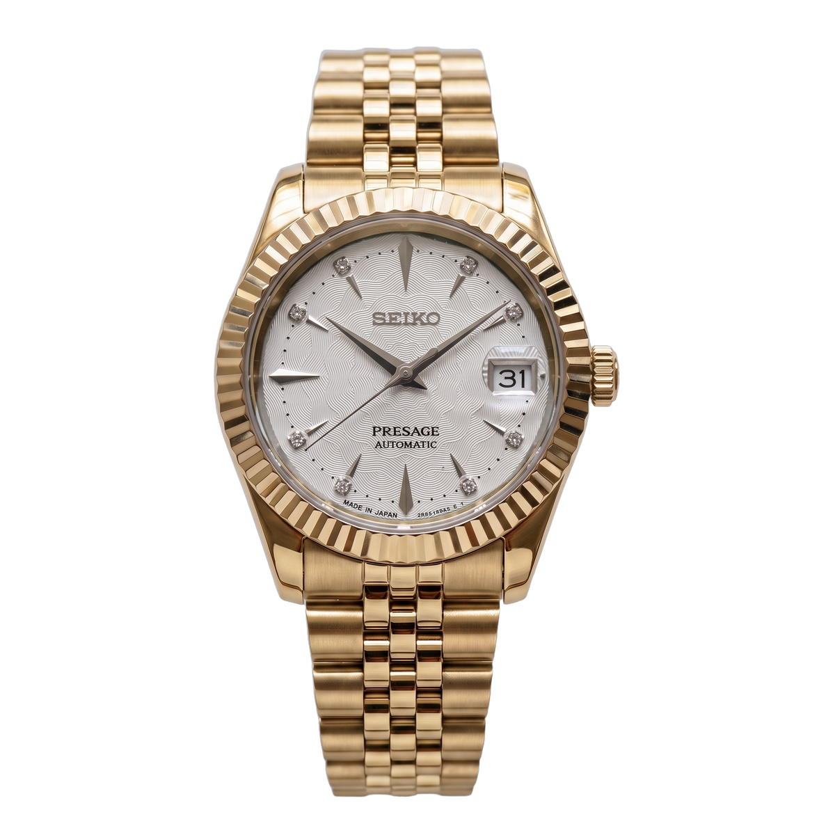 Moonstone Frost Gold Seiko mod Presage front view on Jubilee