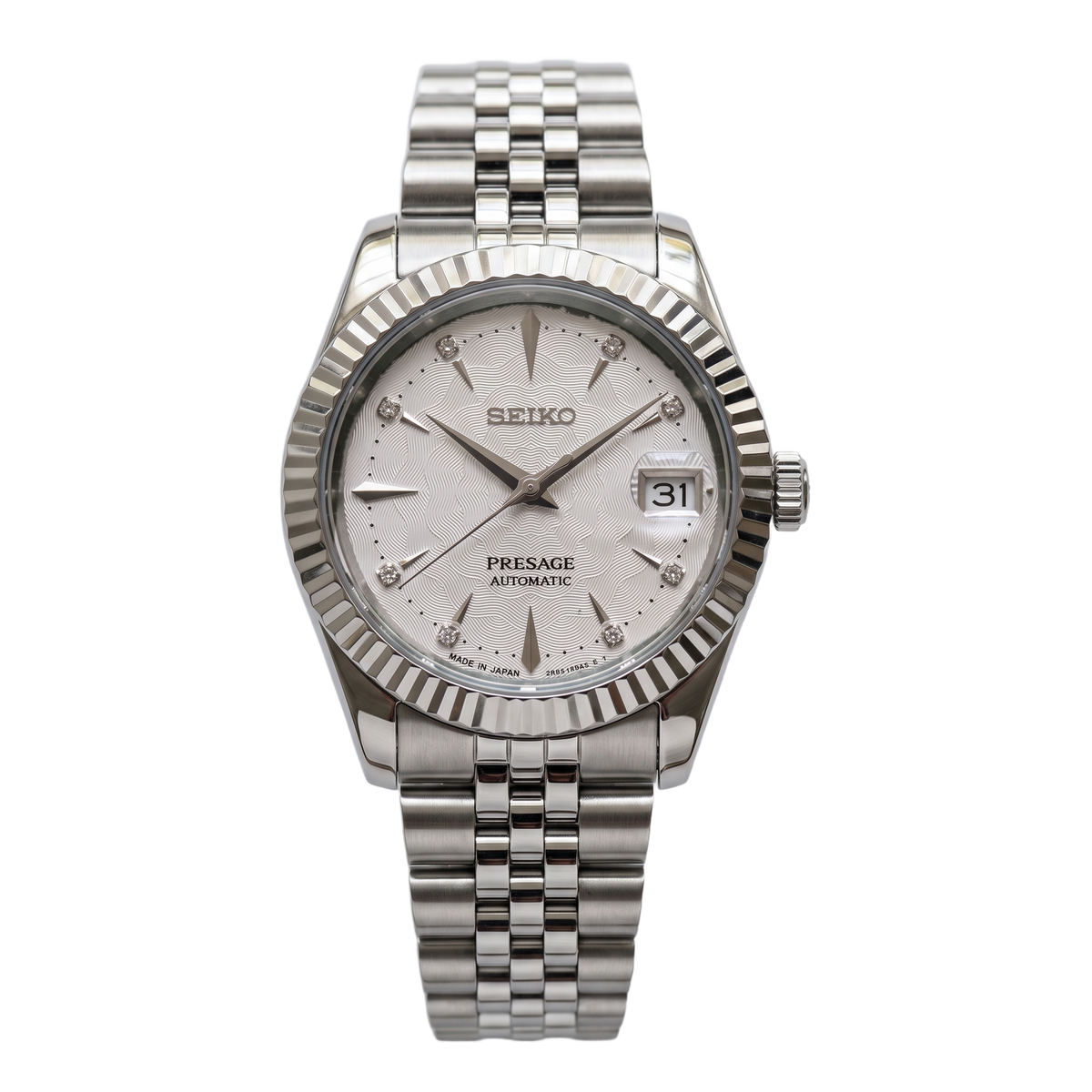 Moonstone Frost Seiko mod Presage front view on Jubilee