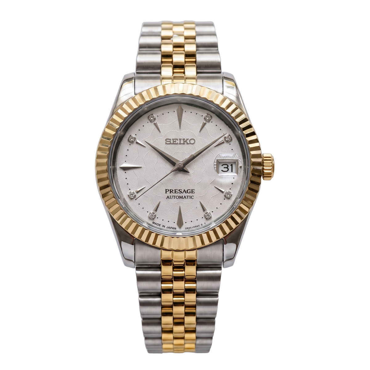 Moonstone Frost Two-Tone Gold Seiko mod Presage front view on Jubilee