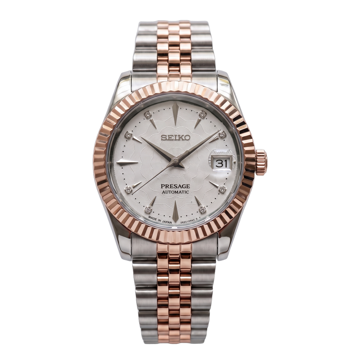 Moonstone Frost Two-Tone Rose Gold Seiko mod Presage front view on Jubilee