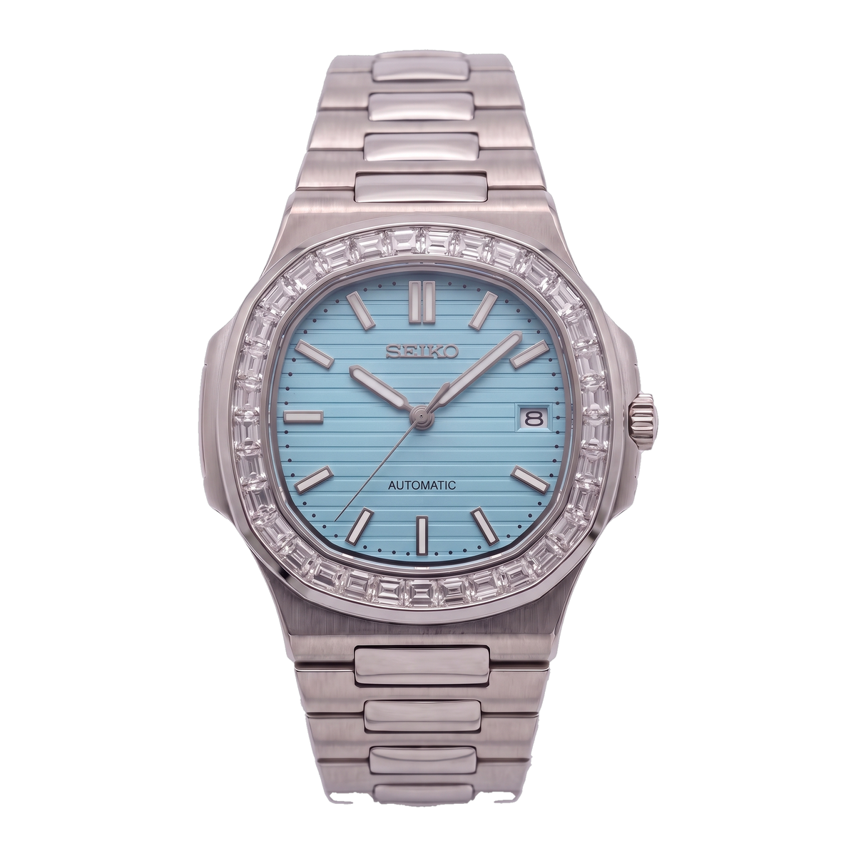 Baguette Sky Blue Seiko mod Nautilus front view