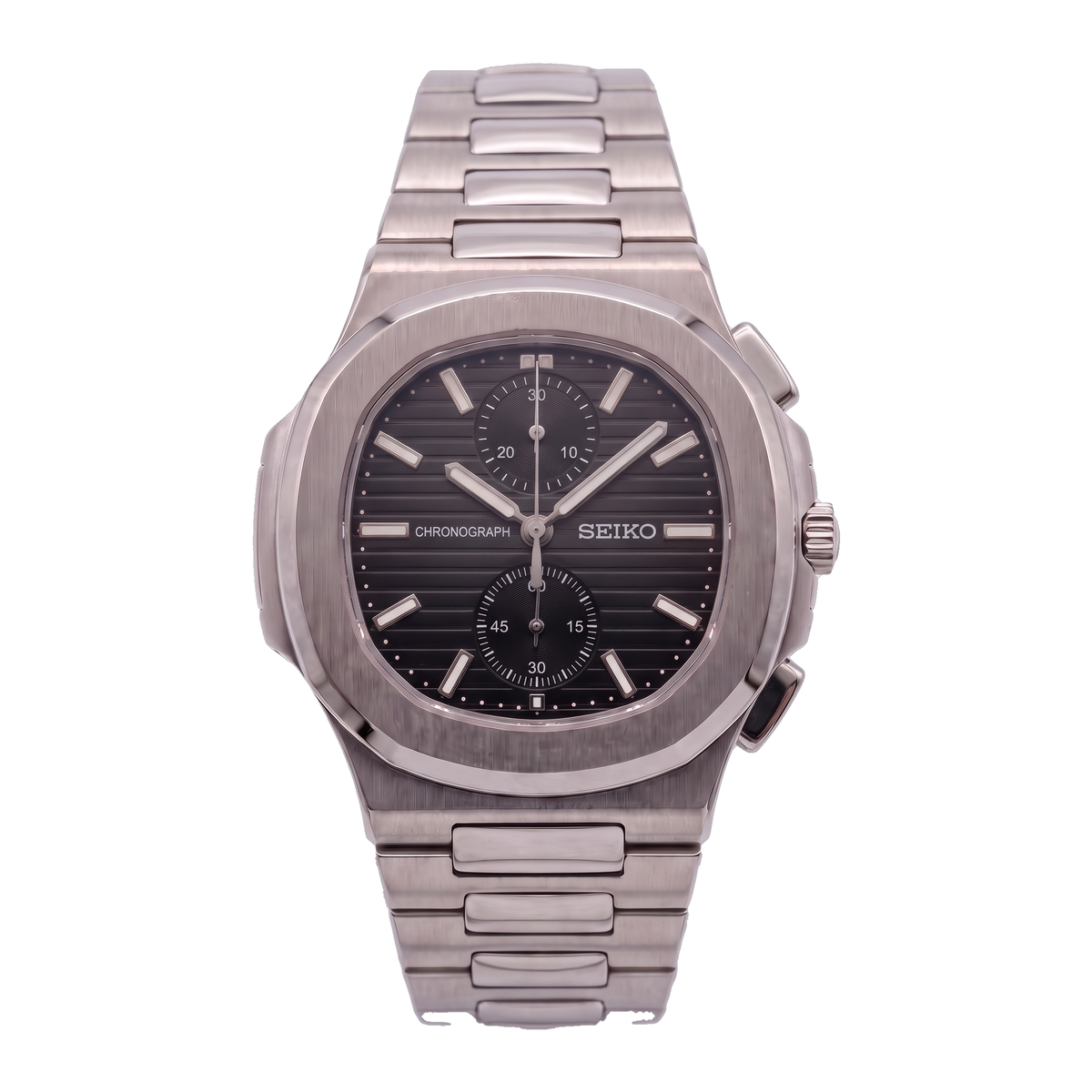 Chronograph Black Seiko mod Nautilus chronograph front view