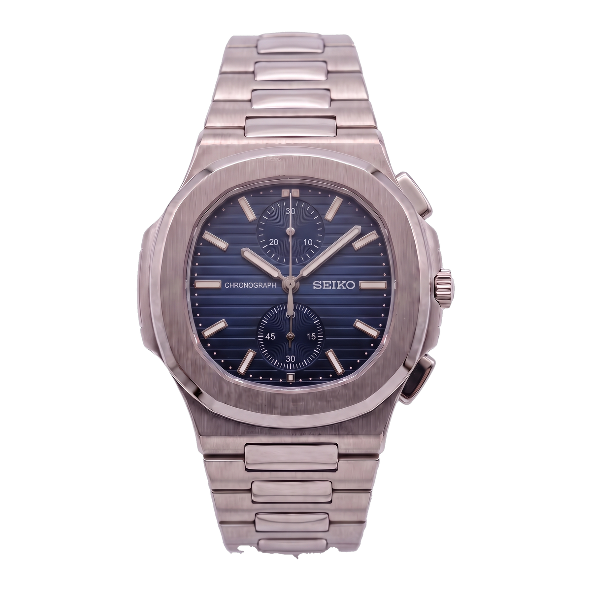 Chronograph Blue Seiko mod Nautilus chronograph front view
