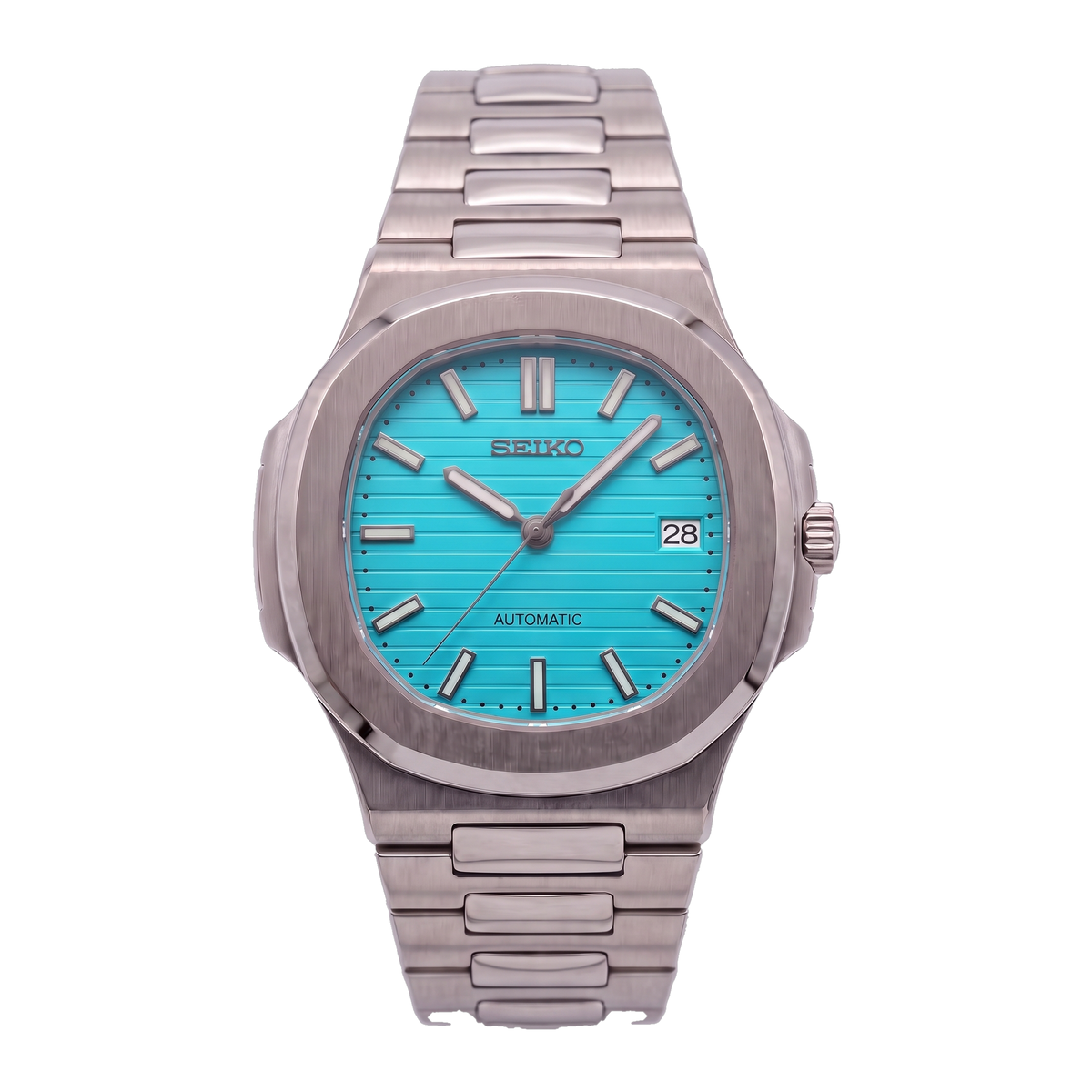 Turquoise Blue Dial Seiko mod Nautilus front view
