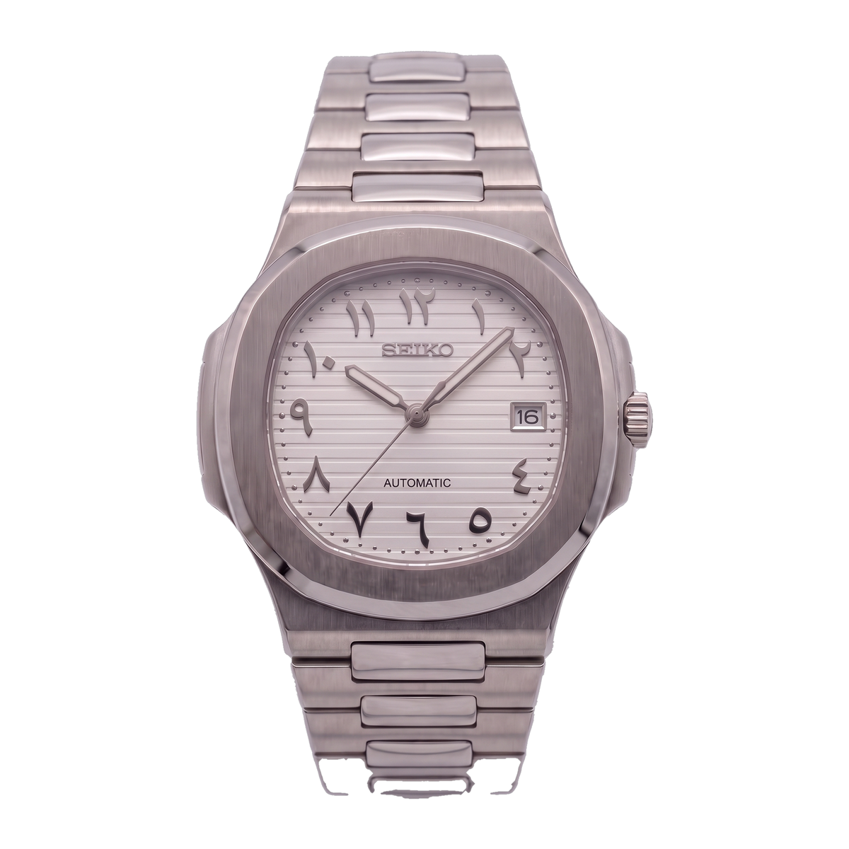 White Arabic Seiko mod Nautilus front view