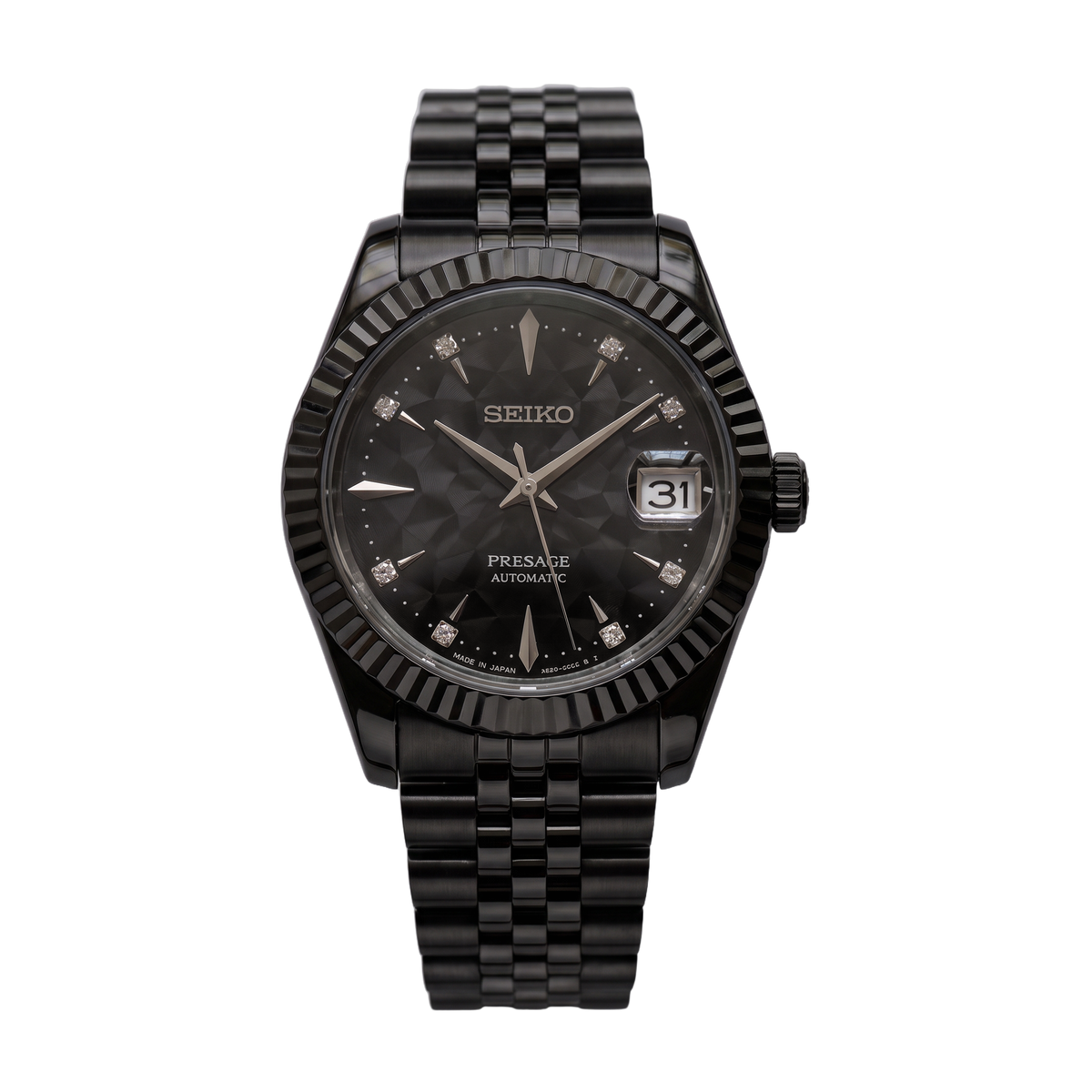 Black Onyx All Black Seiko mod Presage front view on Jubilee