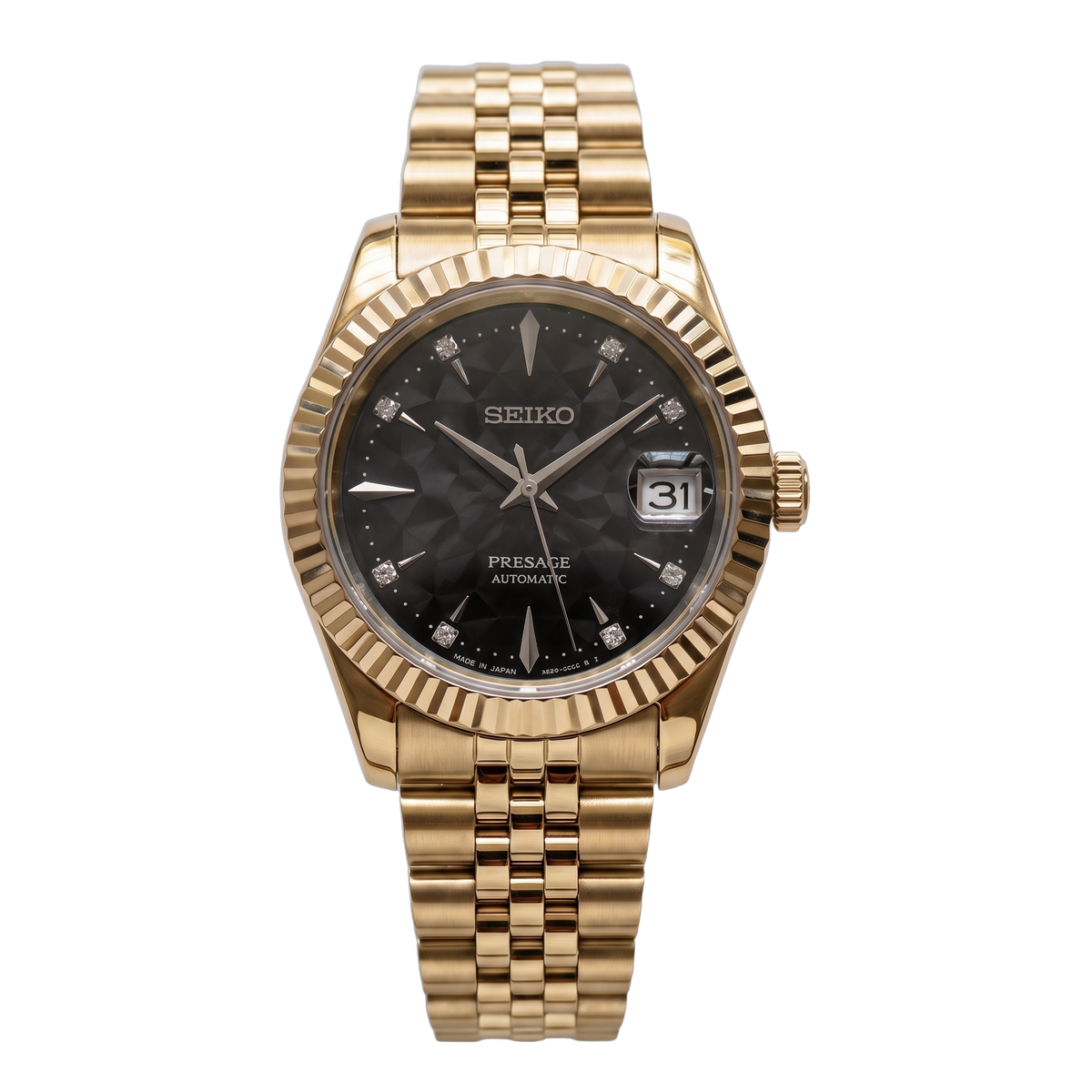 Black Onyx Gold Seiko mod Presage front view on Jubilee