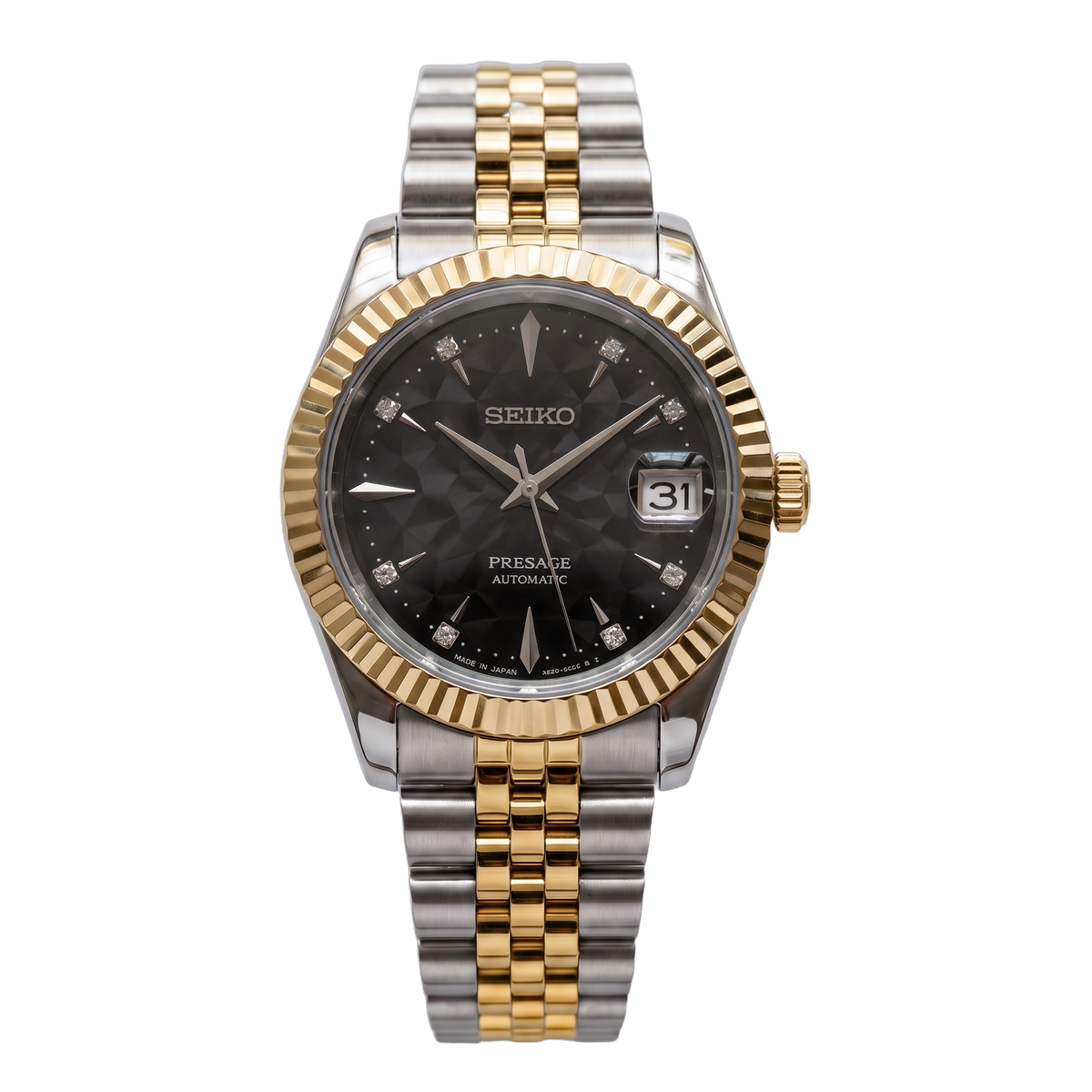 Black Onyx Two-Tone Gold Seiko mod Presage front view on Jubilee