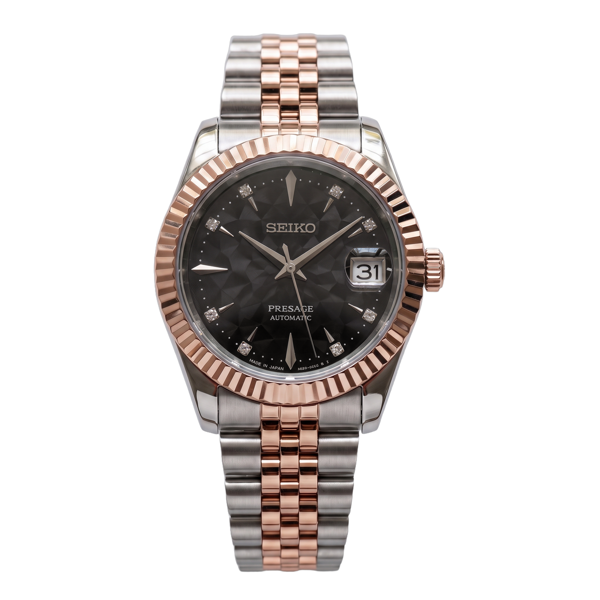 Black Onyx Two-Tone Rose Gold Seiko mod Presage front view on Jubilee