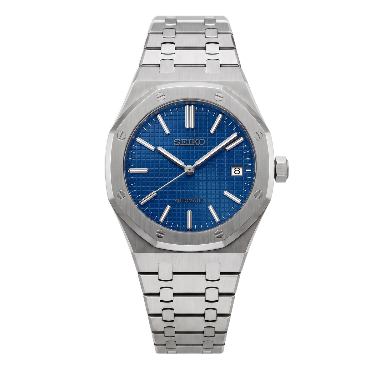 Blue Tapisserie Dial Seiko mod Royal Oak front view