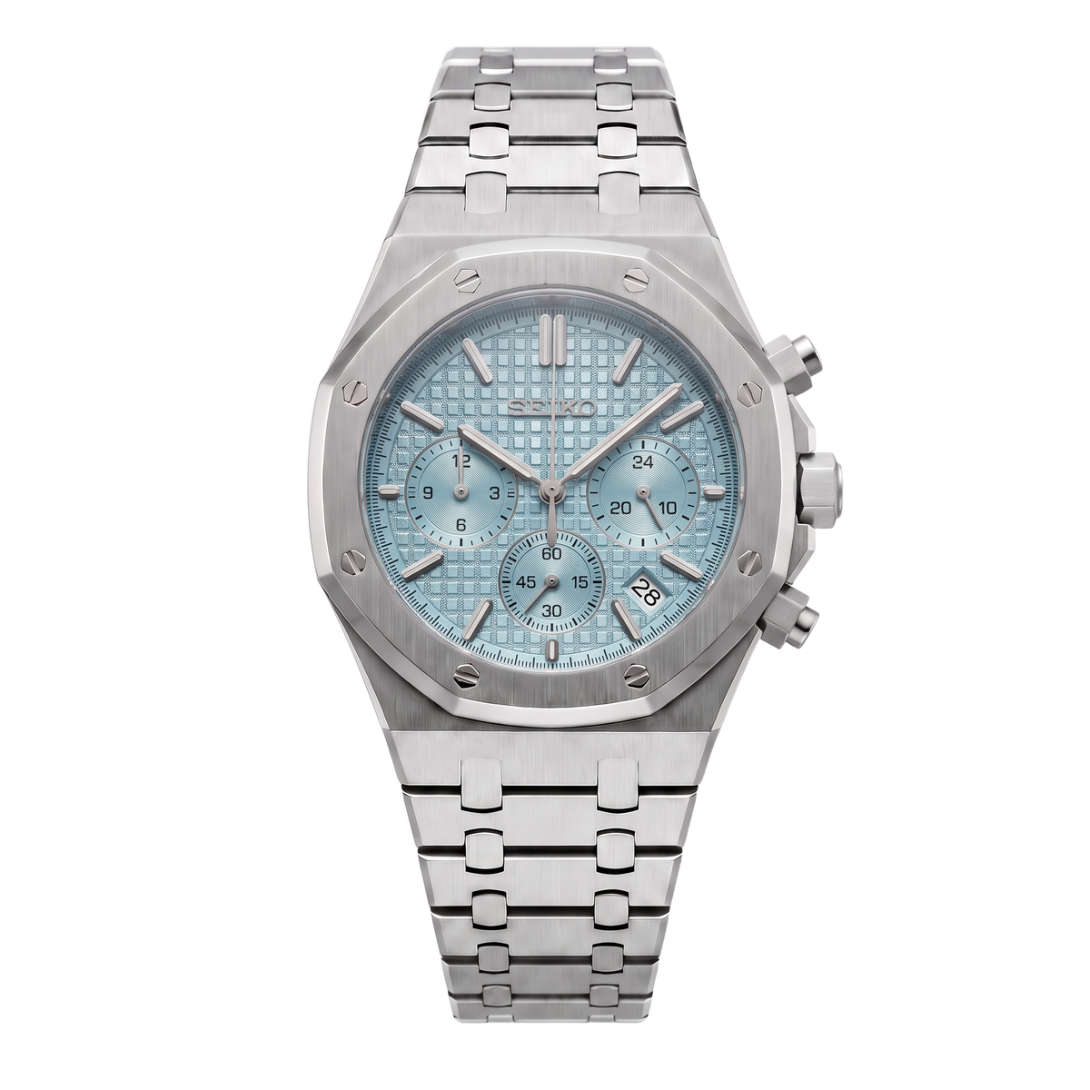 Chronograph Ice Blue Seiko mod Royal Oak chronograph front view