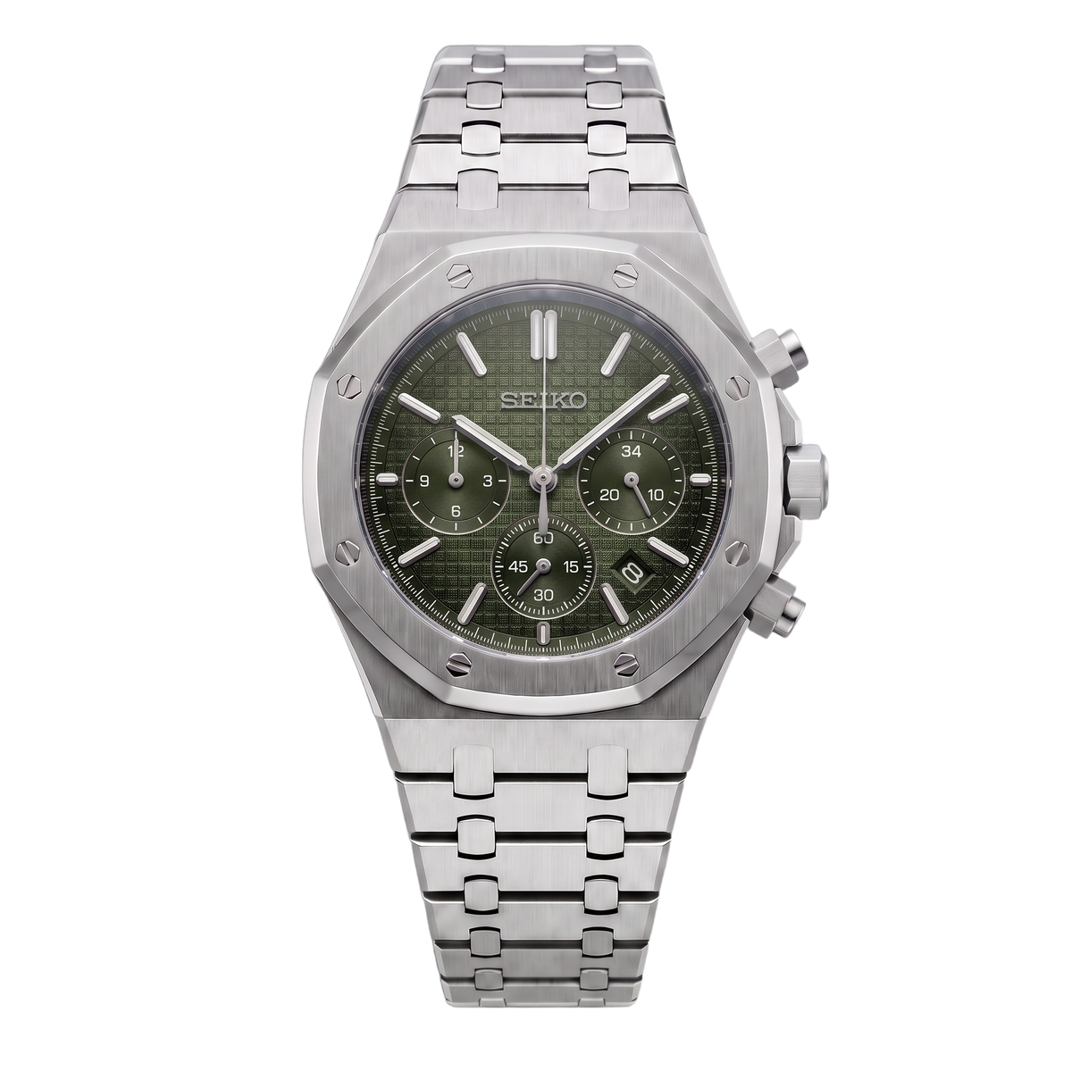 Chronograph Olive Green Seiko mod Royal Oak chronograph front view