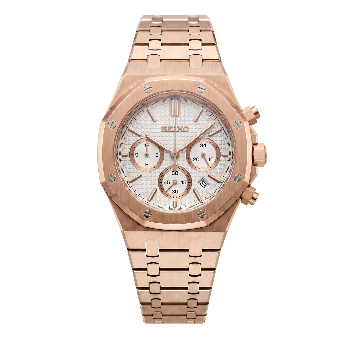Chronograph Rose Gold White Dial Seiko mod Royal Oak chronograph front view