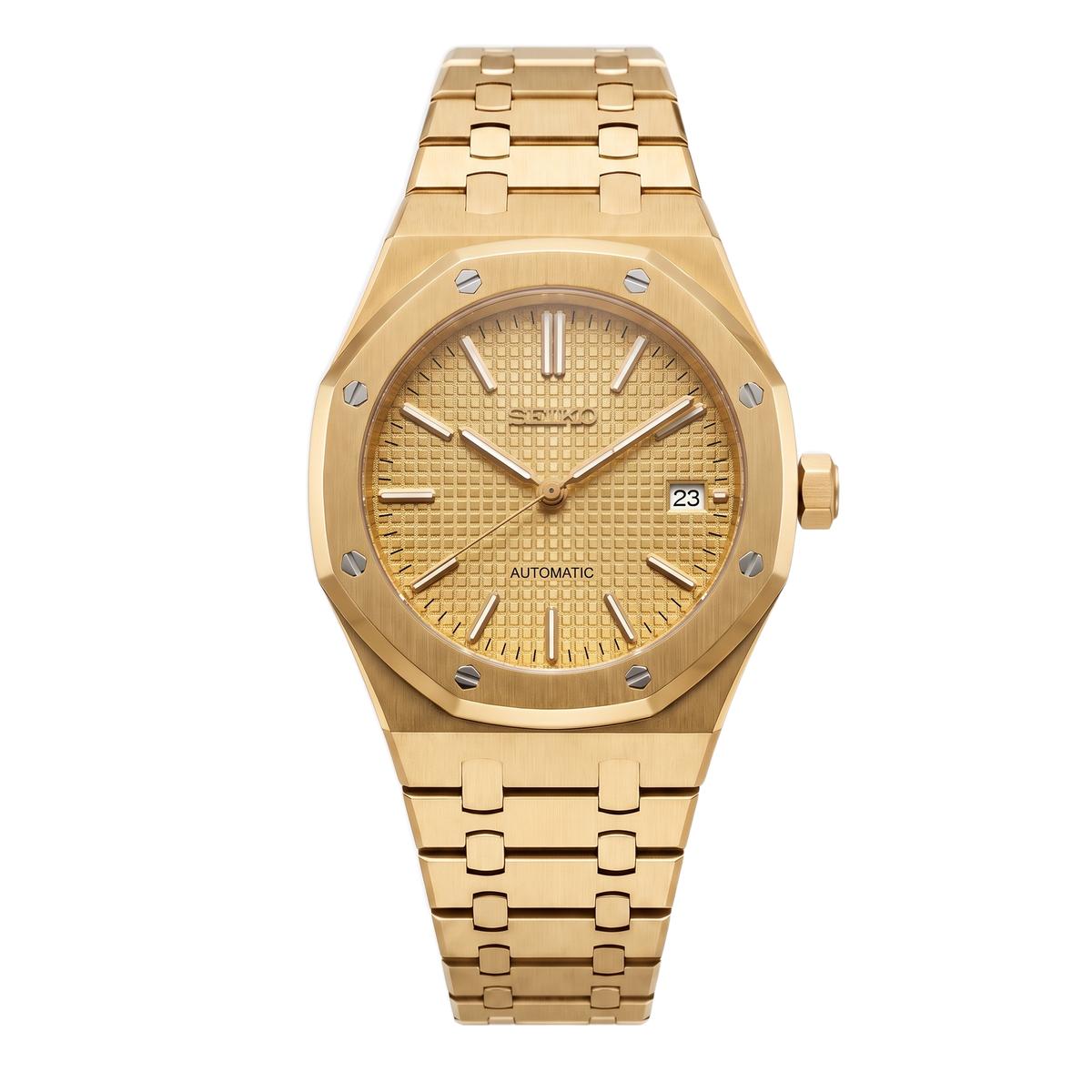 Full Gold Tapisserie Dial Seiko mod Royal Oak front view