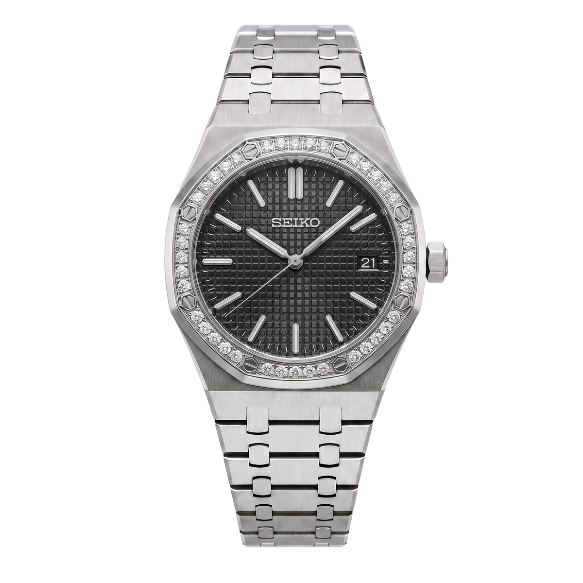 Lady 34mm Black Seiko mod Royal Oak front view