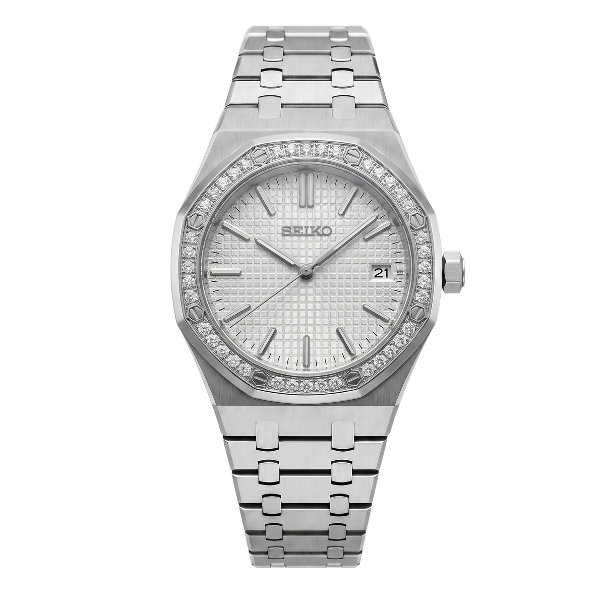 Lady 34mm Ice White Seiko mod Royal Oak front view