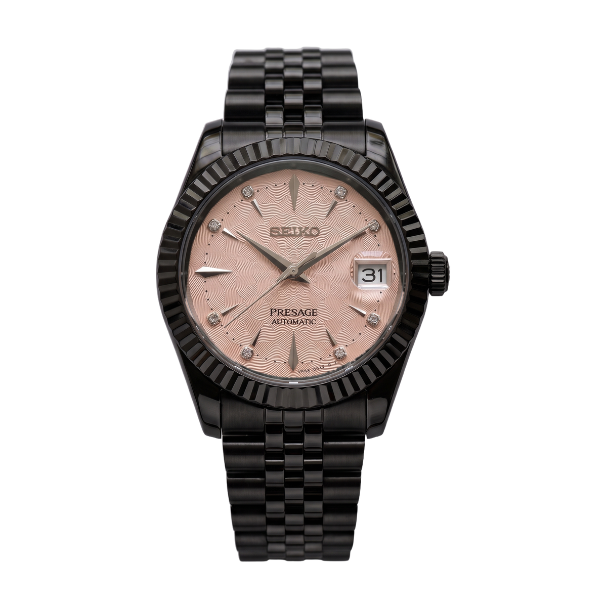Rose Quartz Glow All Black Seiko mod Presage front view on Jubilee