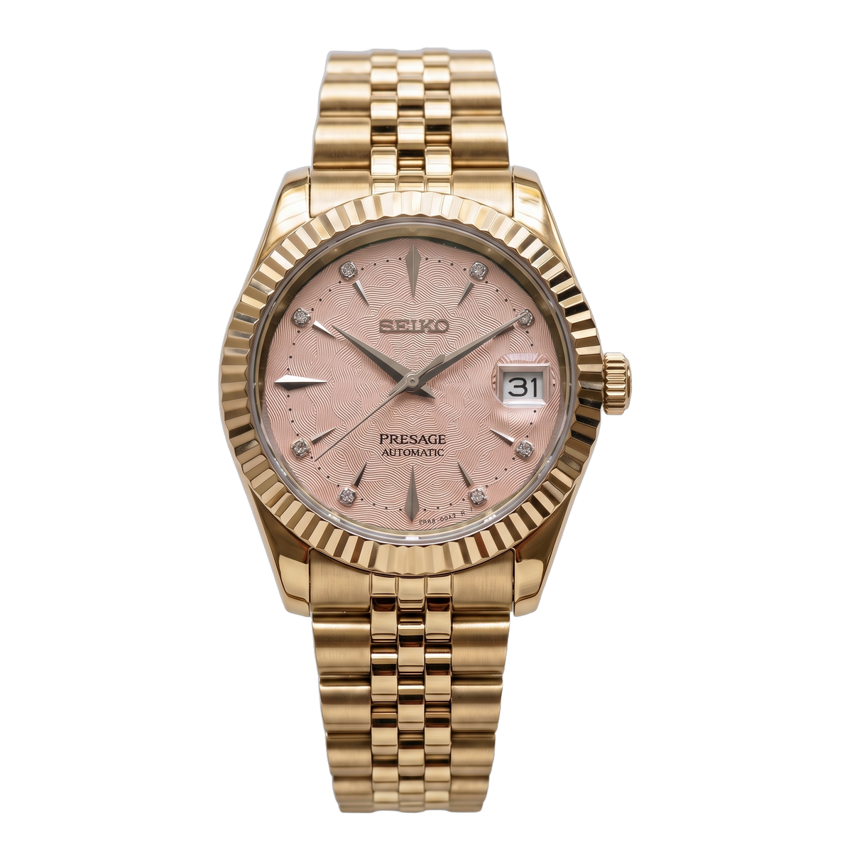Rose Quartz Glow Gold Seiko mod Presage front view on Jubilee