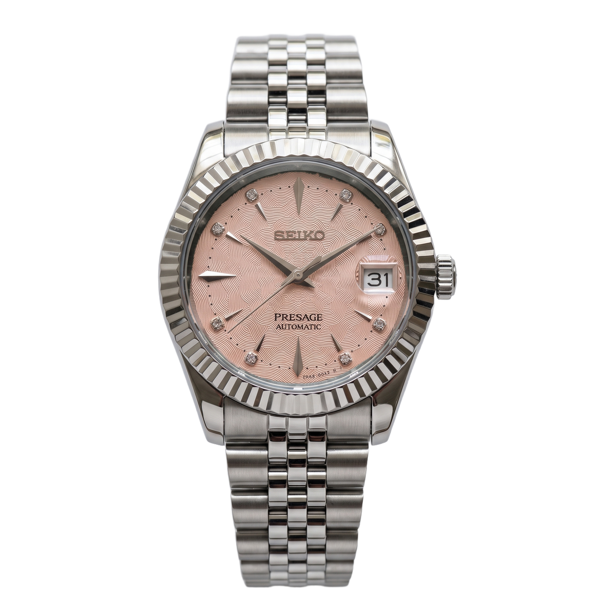 Rose Quartz Glow Seiko mod Presage front view on Jubilee