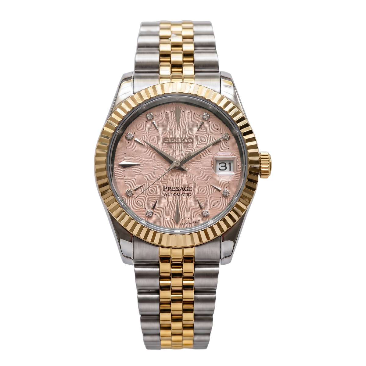 Rose Quartz Glow Two-Tone Gold Seiko mod Presage front view on Jubilee