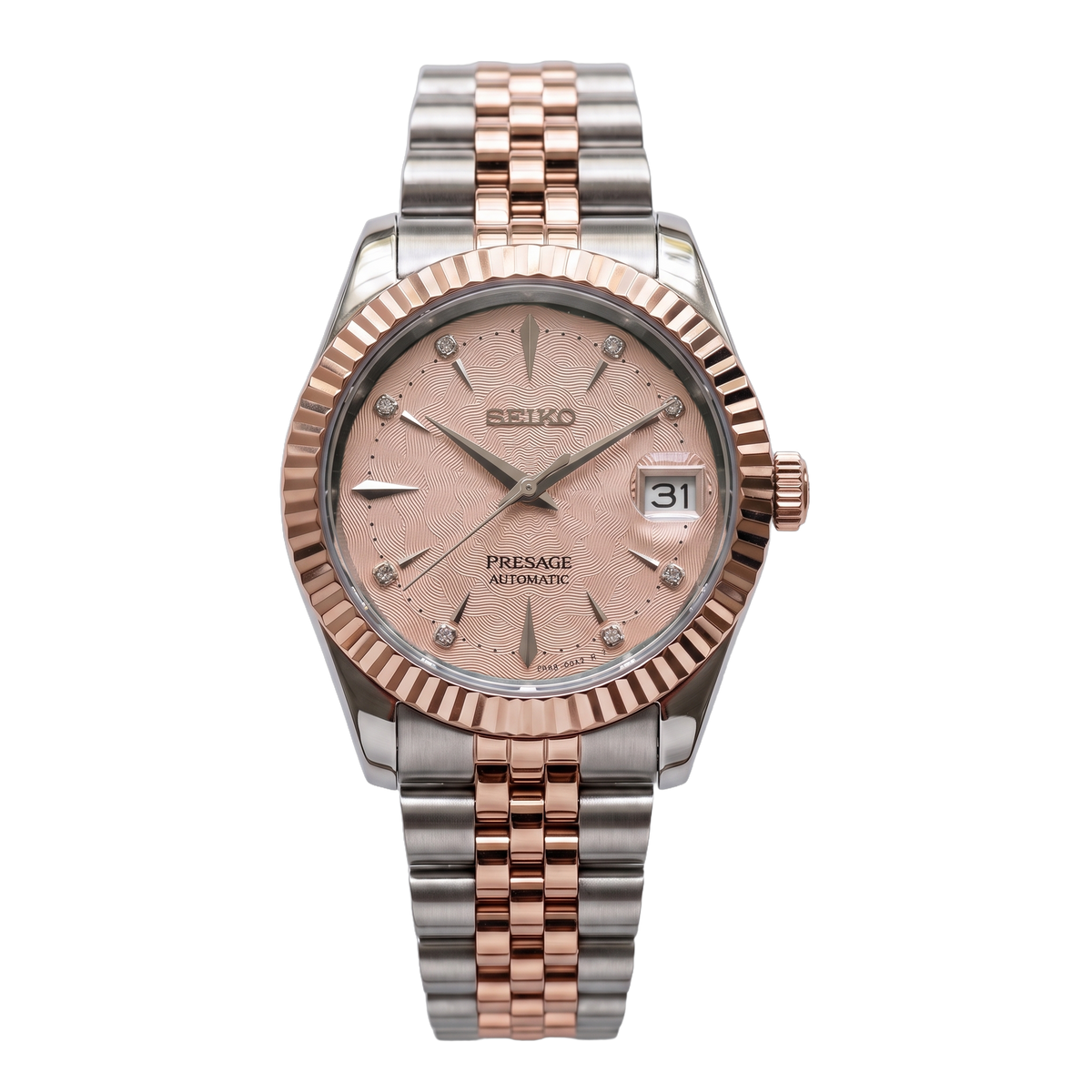 Rose Quartz Glow Two-Tone Rose Gold Seiko mod Presage front view on Jubilee