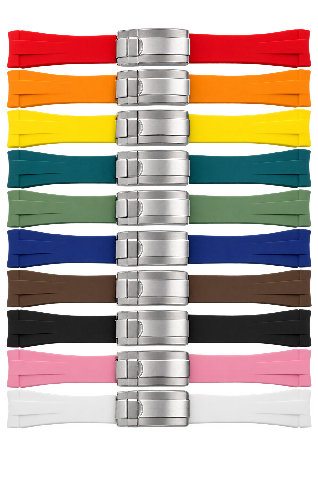 Assorted colourful rubber watch bracelets with stainless-steel folding clasps
