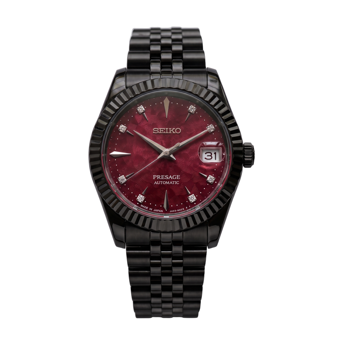 Ruby Royale All Black Seiko mod Presage front view on Jubilee