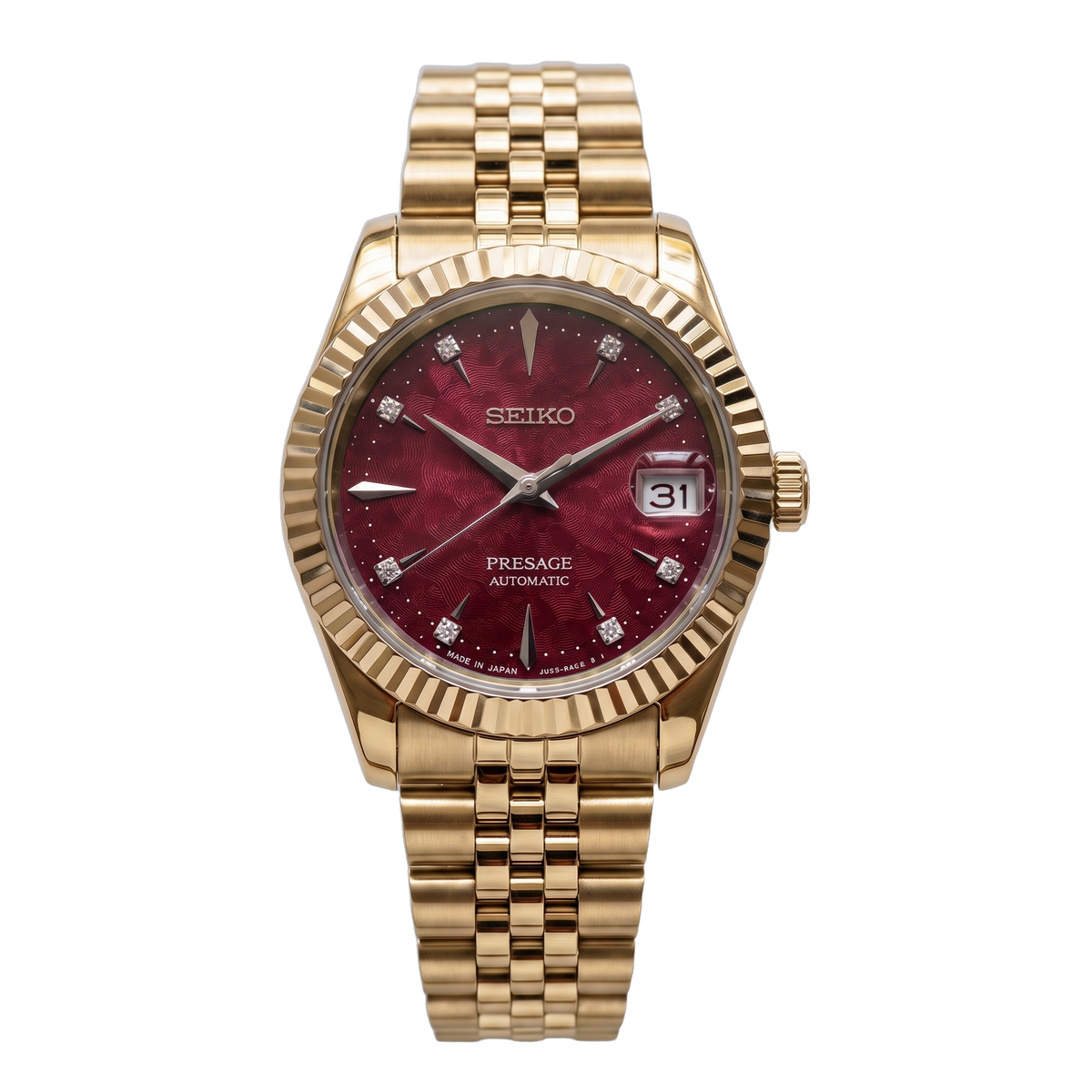 Ruby Royale Gold Seiko mod Presage front view on Jubilee