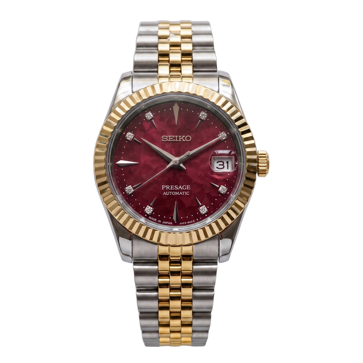 Ruby Royale Two-Tone Gold Seiko mod Presage front view on Jubilee
