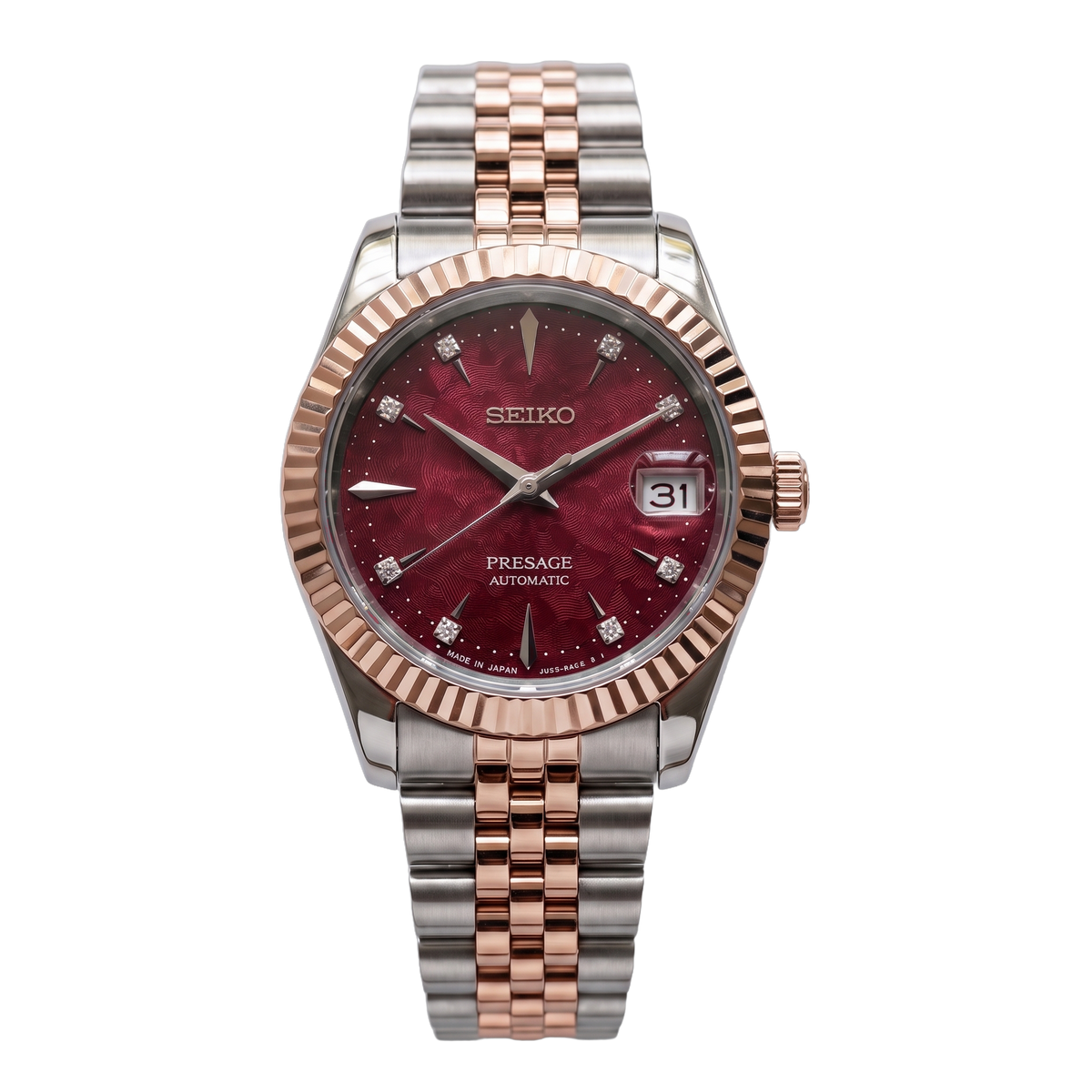 Ruby Royale Two-Tone Rose Gold Seiko mod Presage front view on Jubilee