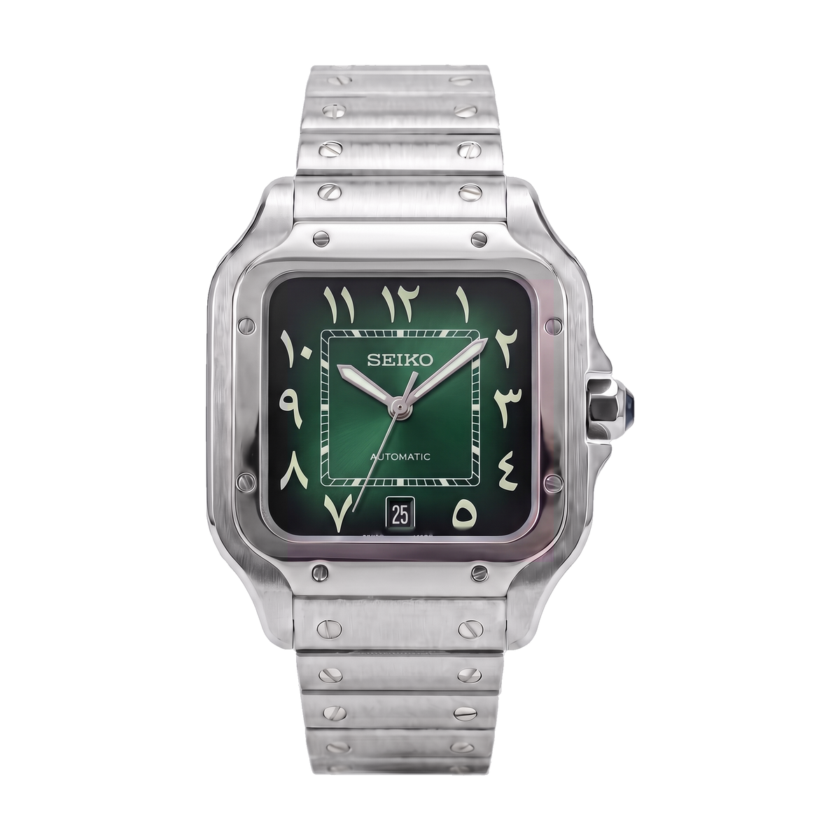 Arabic Green Seiko mod Santos front view on the bracelet