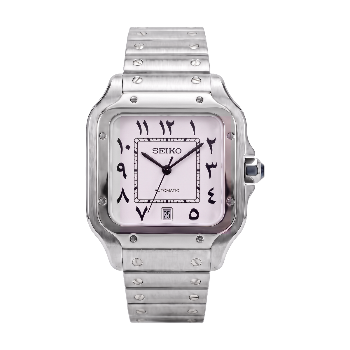 Arabic White Seiko mod Santos front view on the bracelet