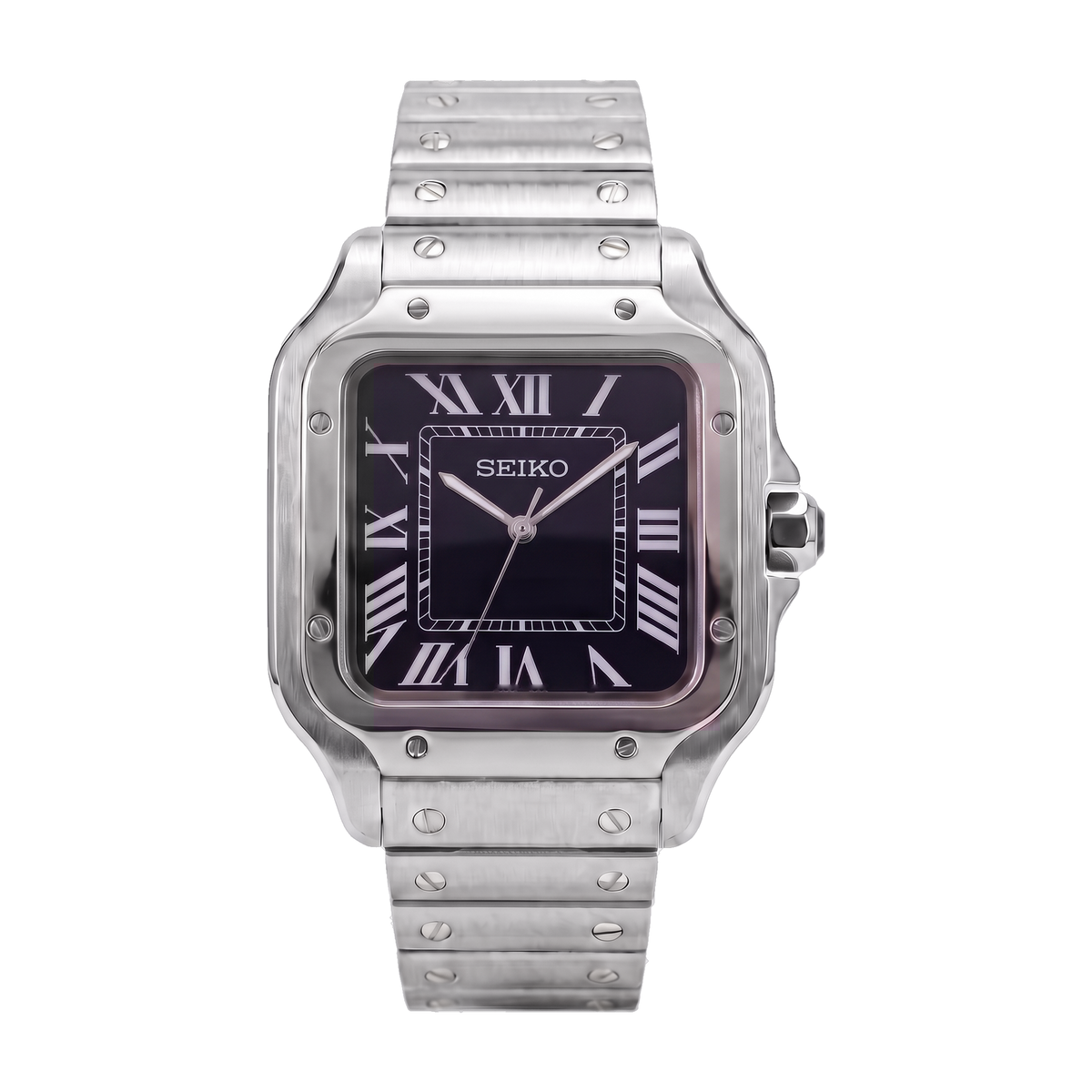 Black Dial Seiko mod Santos front view on the bracelet