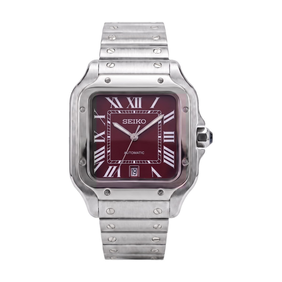 Burgundy Seiko mod Santos front view on the bracelet