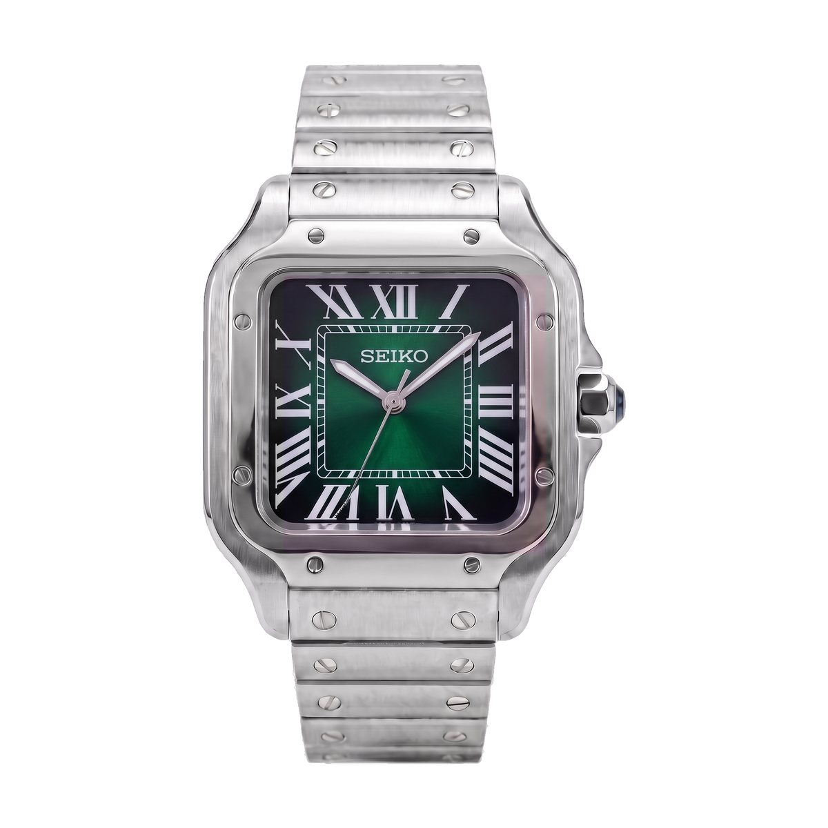 Green Dial Seiko mod Santos front view on the bracelet
