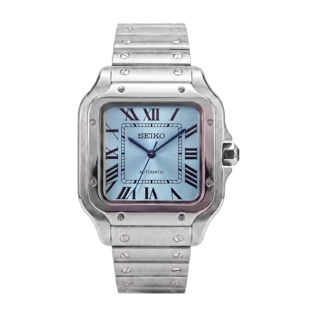 Light Blue Dial Seiko mod Santos front view on the bracelet