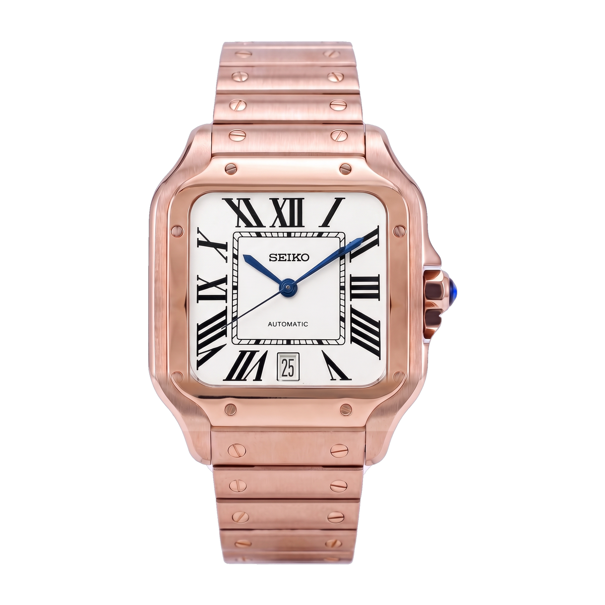 Full Rose Gold Seiko mod Santos front view on the bracelet