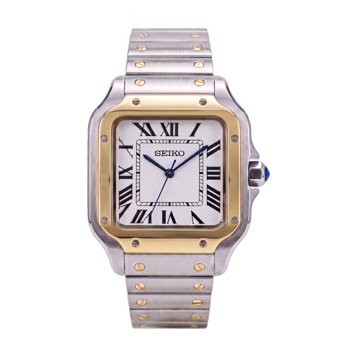 Two-Tone Gold & White Dial Seiko mod Santos front view on the bracelet