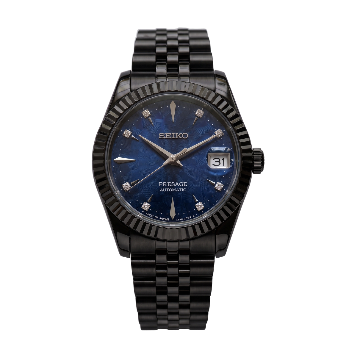 Sapphire Sky All Black Seiko mod Presage front view on Jubilee