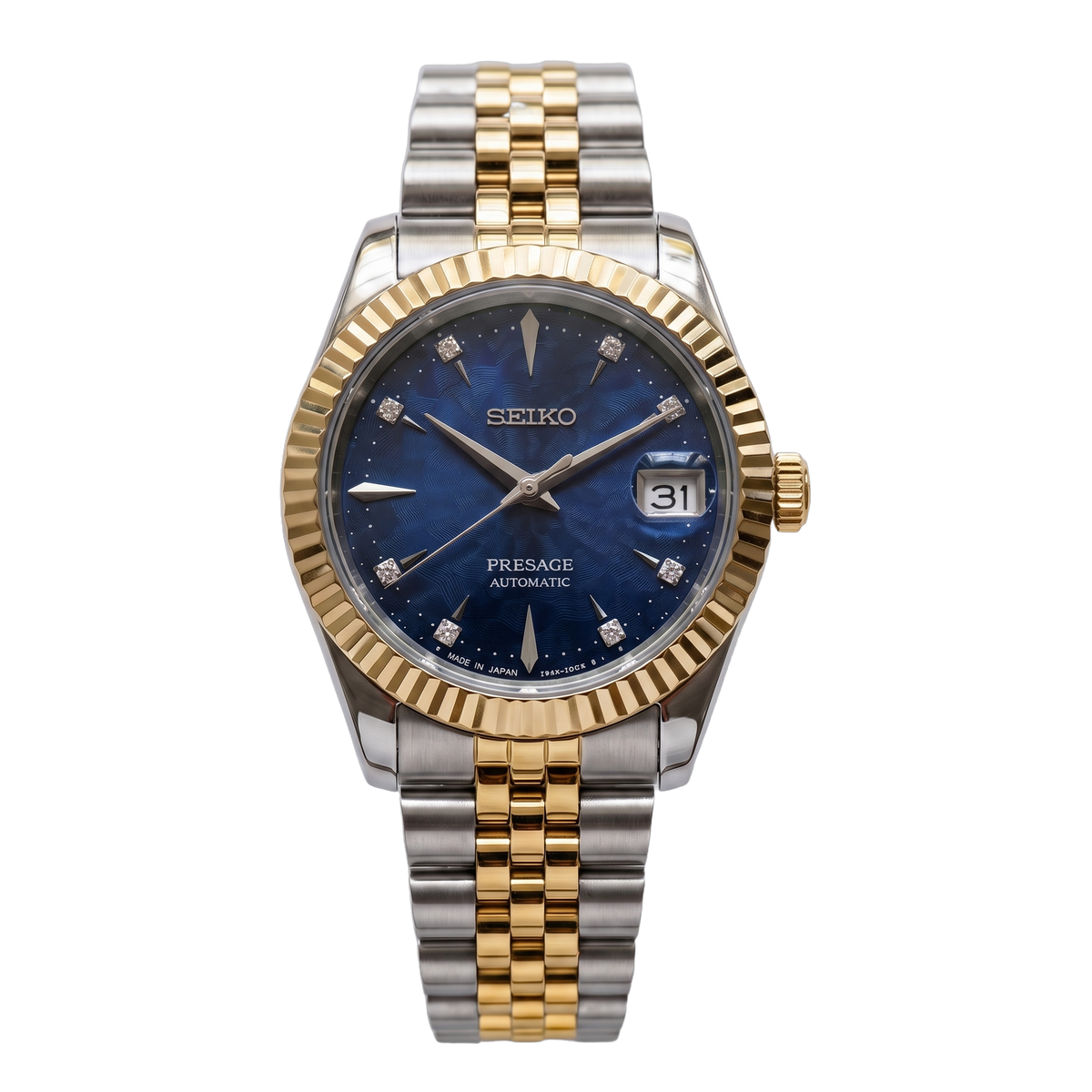 Sapphire Sky Two-Tone Gold Seiko mod Presage front view on Jubilee