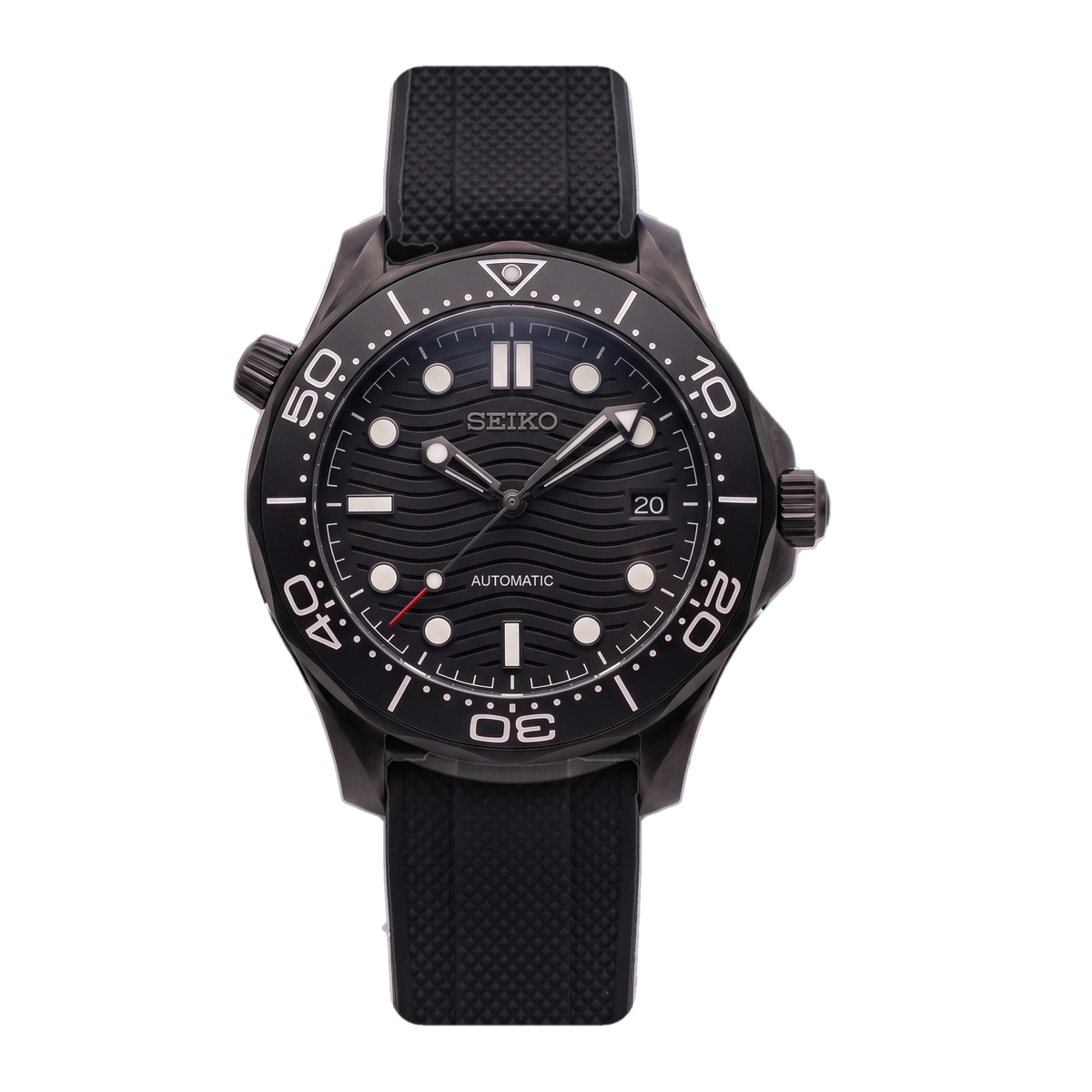 Stealth Black Seiko mod Seamaster front view on Black Rubber