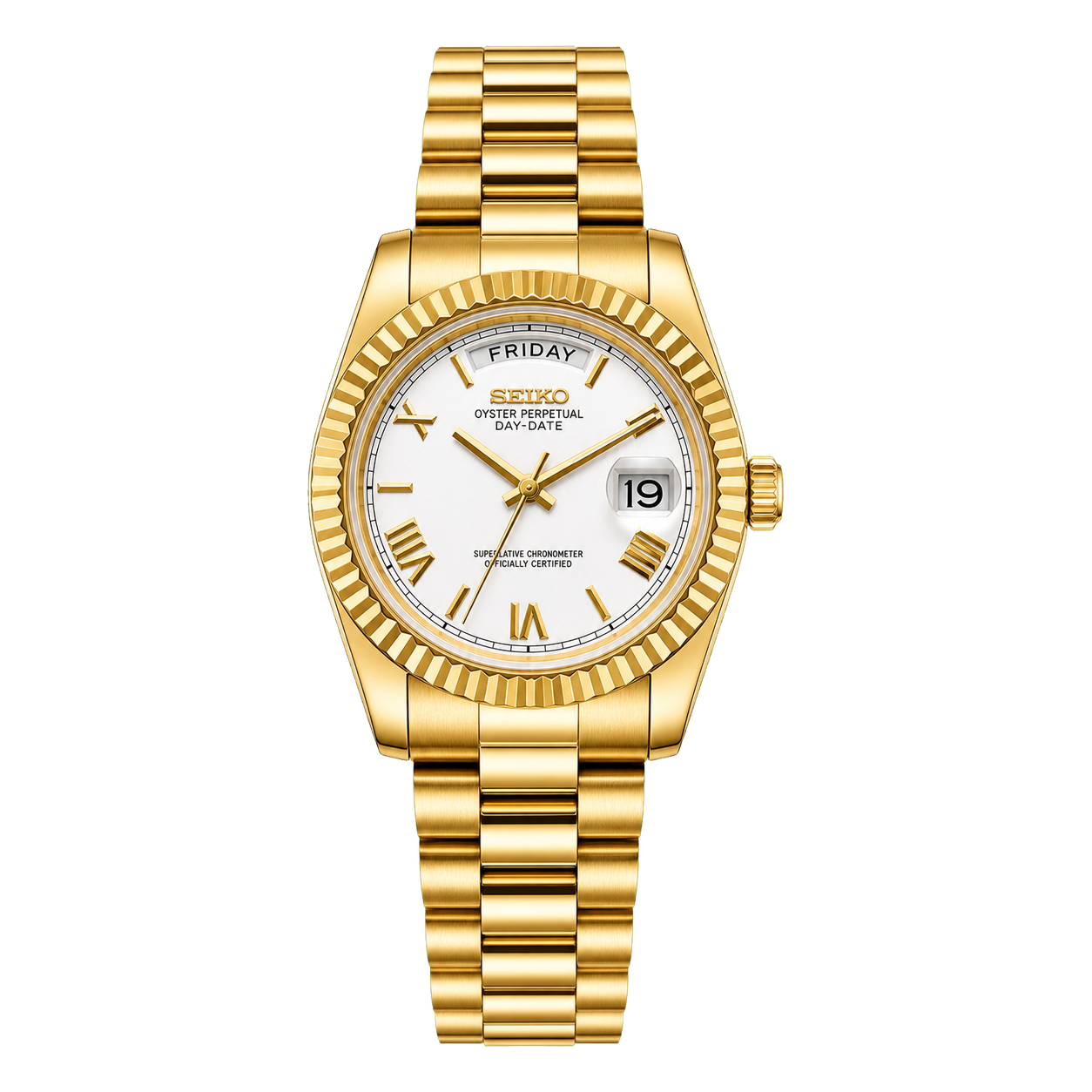 Seiko Mod Day-Date – Full Gold White Roman Dial studio product view