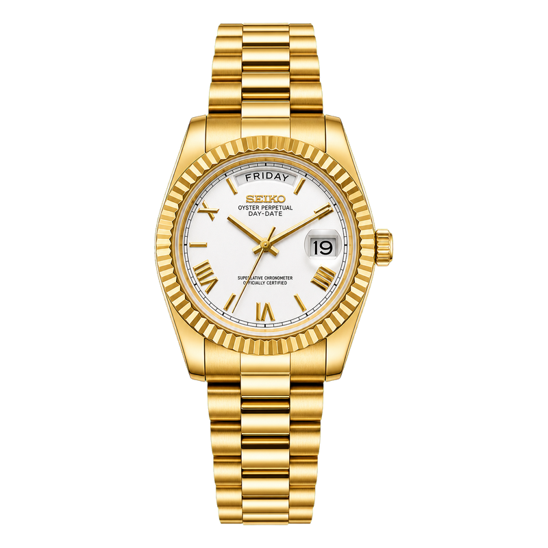 Seiko Mod Day-Date – Full Gold White Roman Dial studio product view