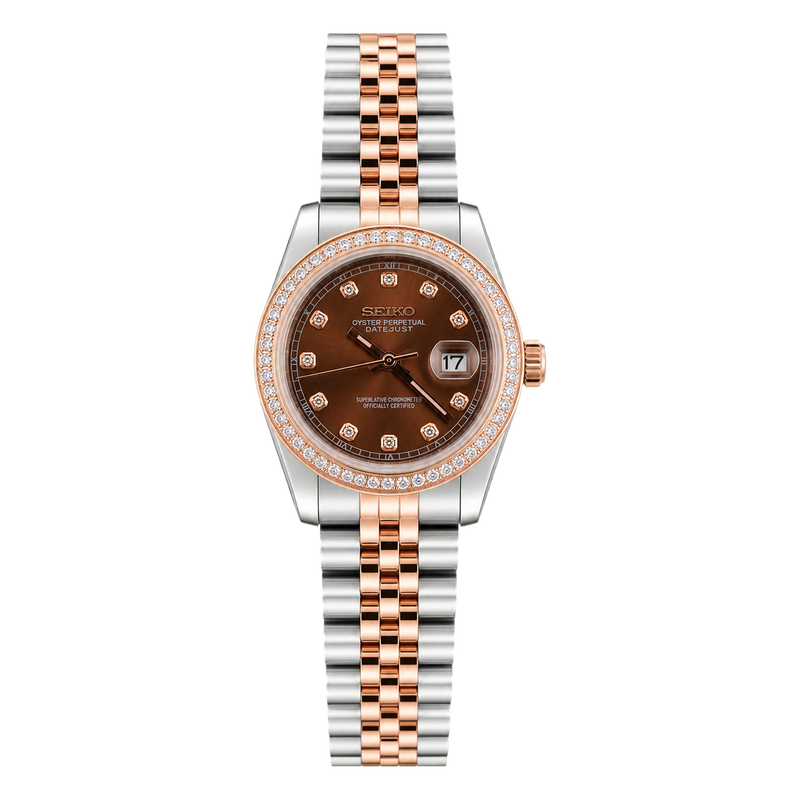 Seiko Mod Ladyjust - Rose Gold Chocolate Diamond Bezel studio product view