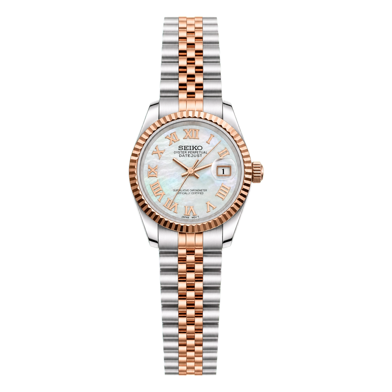 Seiko Mod Ladyjust - Rose Gold Mother of Pearl Roman studio product view